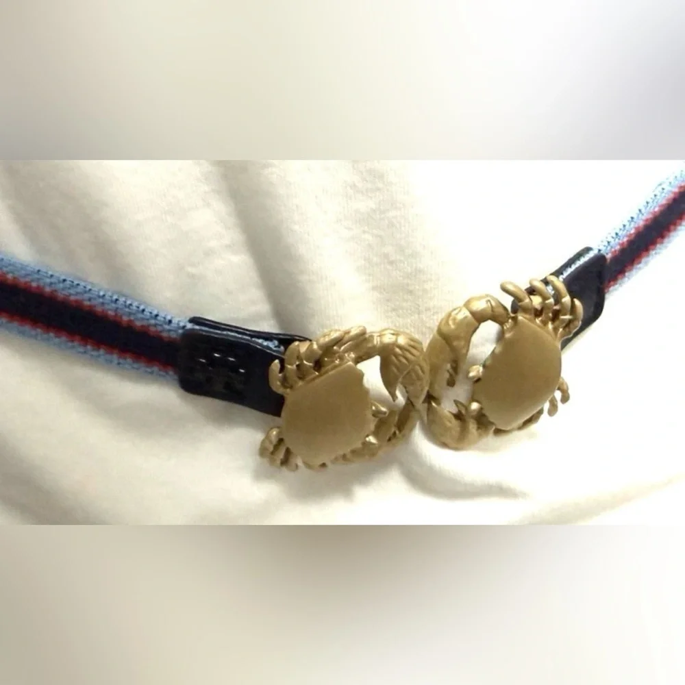 Tory burch Crab Clasp Striped Webbing Skinny Elastic Belt Blue Red
